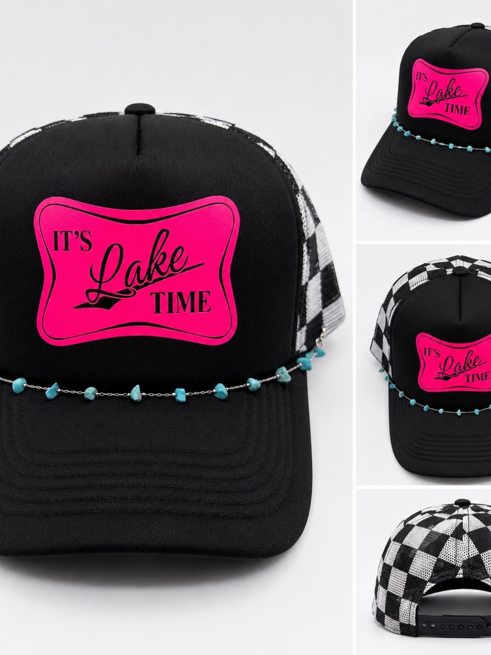 New Women’s Black Trucker Hat with Pink 'It's Lake Time'